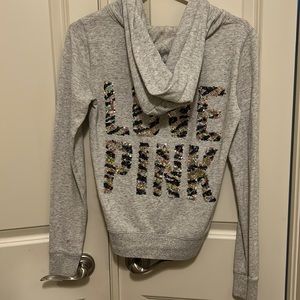 Victoria's Secret PINK Sequin Bling Hoodie Gray SMALL Gold Black Tiger Stripes